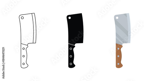 Meat Cleaver Knife Set Vector Illustration in Outline Solid and Flat Style for Kitchen Butcher and Cooking Design