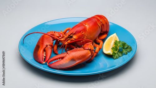 Cooked Whole Lobster on Blue Plate