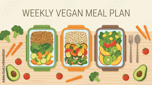 Three colorful vegan meal prep containers filled with healthy food and ingredients healthy eating lunch