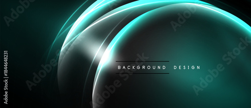 Dark background features curved glowing lines. Teal, silver hues create modern abstract design. Minimalist aesthetic, smooth gradients present.