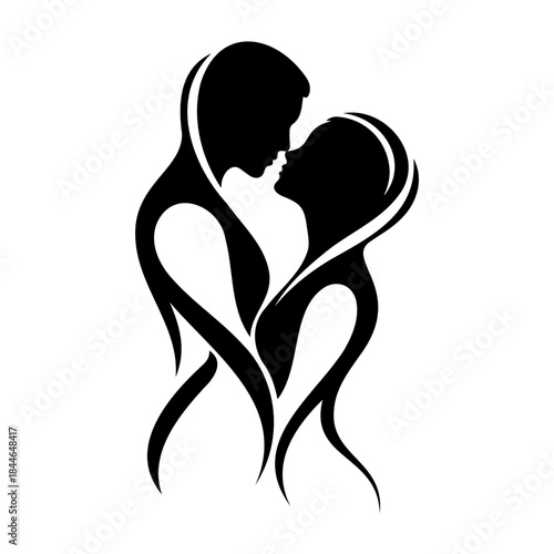Black silhouette of a couple kissing with flowing hair