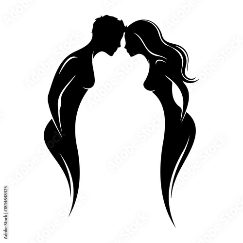 Black silhouette of a man and woman kissing isolated on white background