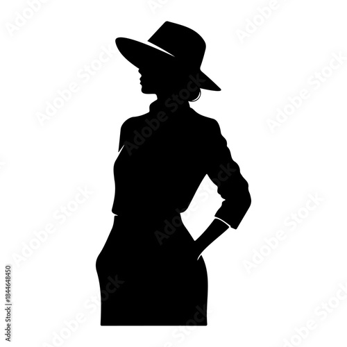 Silhouette of a woman wearing a hat standing confidently isolated on white background