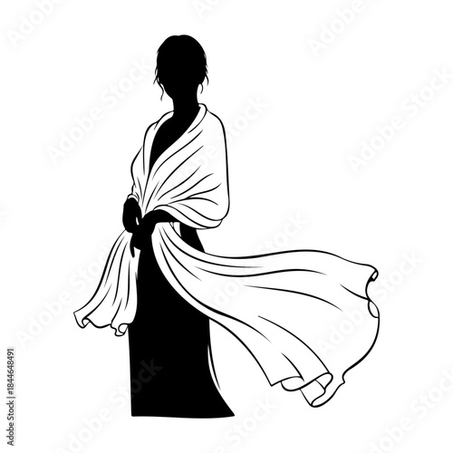 Silhouette of a woman wearing a flowing shawl isolated on white background