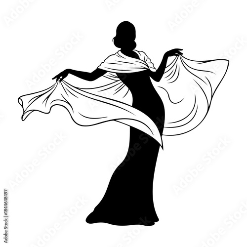 Elegant woman in a flowing dress isolated on white background dancing