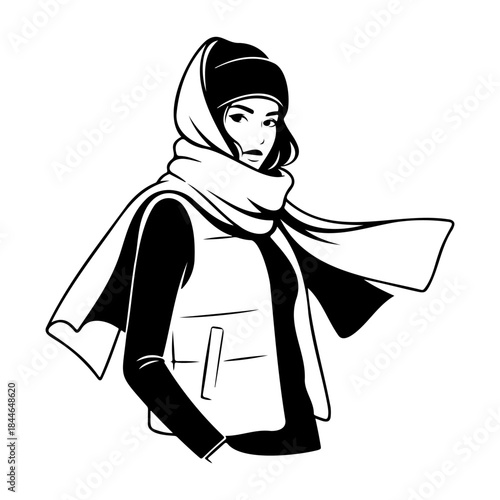 Woman wearing winter clothing with scarf and hat on white background