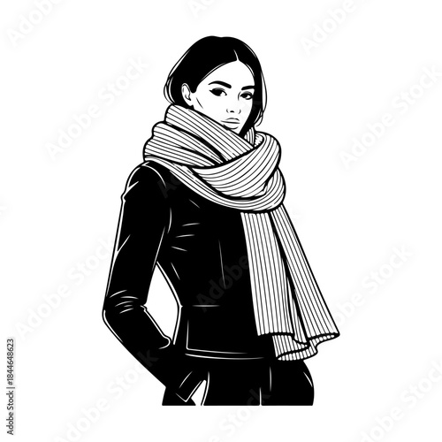 Woman wearing scarf and leather jacket isolated on white background