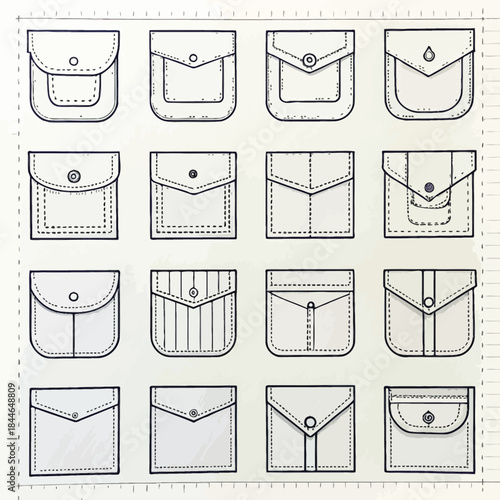 Collection of Hand- Drawn Fabric Pockets sewing illustration