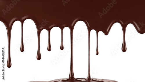 Rich, velvety chocolate flows downward, forming droplets on pure white background, smooth liquid chocolate pours