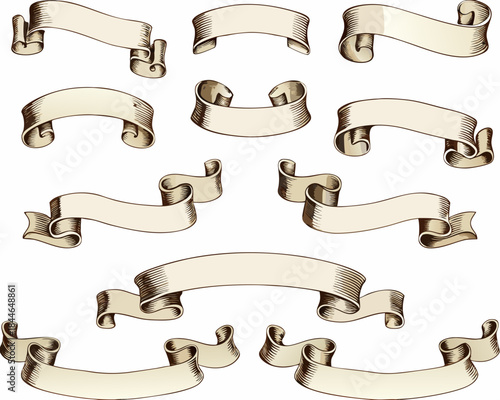 Collection of vintage style decorative ribbons and banners on a white background
