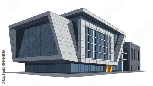 Modern architectural design of a contemporary building with geometric shapes and large glass windows.