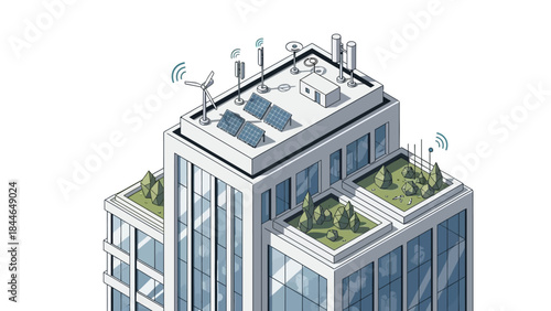 An isometric illustration of a modern skyscraper featuring rooftop solar panels, wind turbines, and green spaces.