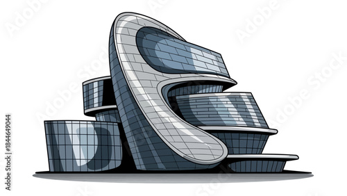 A stylized illustration of a futuristic, modern building with curved lines and glass facades.