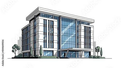 A modern, multi-story office building with large glass windows and a white facade, surrounded by trees and landscaping.