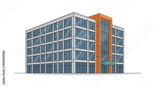 A modern office building with a glass facade and an orange entrance, rendered in a clean, illustrative style.