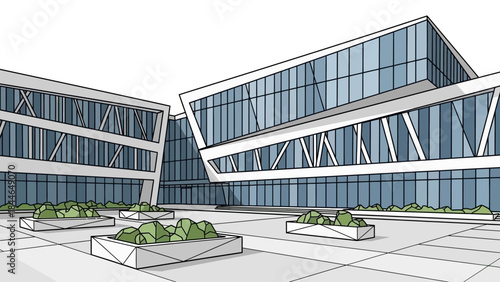 A modern architectural sketch of a contemporary office building with geometric designs and glass facades.