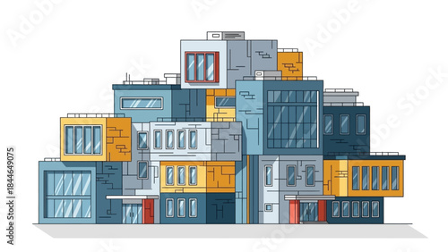 A vibrant illustration of a densely packed, multi-story building complex with diverse window designs and colorful geometric sections.