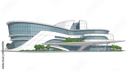 A futuristic, modern architectural design of a large, multi-level building with sweeping curves and glass facades, surrounded by greenery.