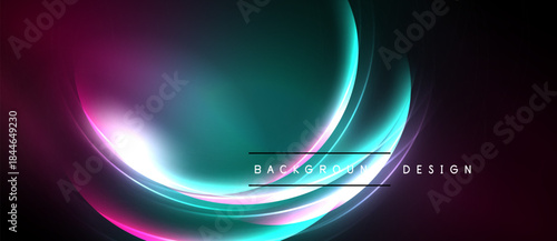 Abstract background features vibrant curves, blending pink, teal, white. Modern design evokes energy, dynamism, sleekness. Dark space surrounds bright elements.