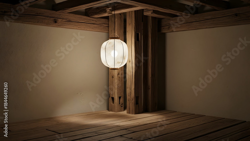 Traditional Japanese Paper Lantern in Wooden Zen Interior