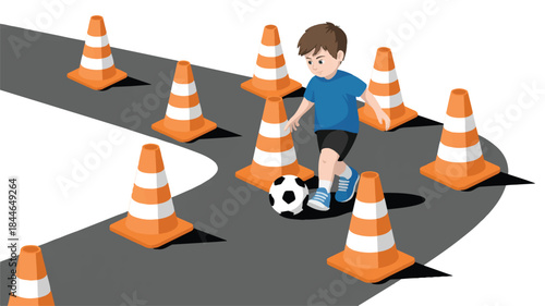 boy kicking soccer ball through traffic cones