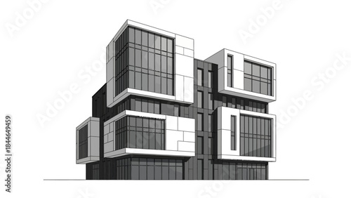 Modern architectural design of a multi-story building with geometric facade elements and large windows.