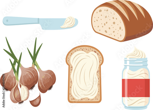 Set of Food Ingredients Vector Illustration Including Loaf of Bread Onion Shallots and Spread Butter Cream.