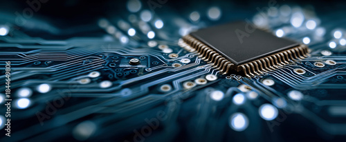 Focus on a microchip on a circuit board