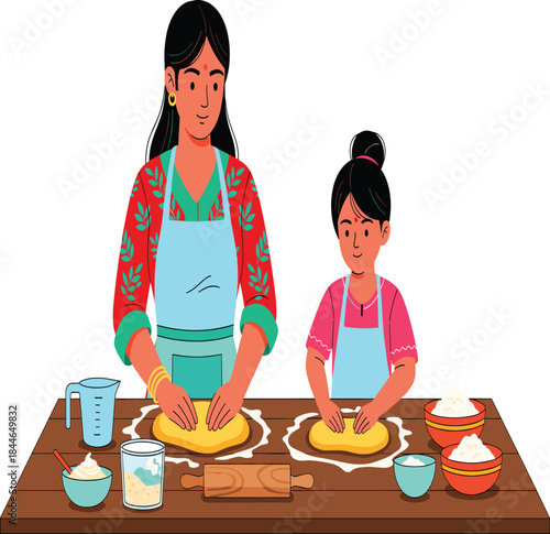 Mother and Child Making Dough Flat Vector Illustration for Family Cooking Activity Baking and Indian Roti Preparation.