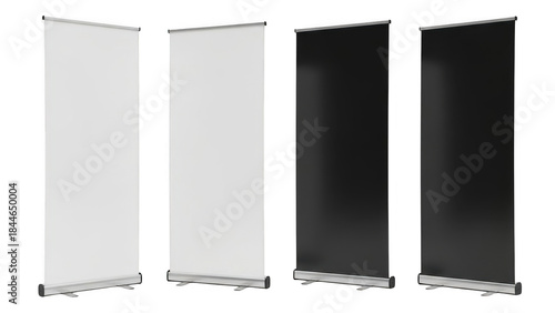 Four blank retractable roll up banners in white and black isolated on a black background