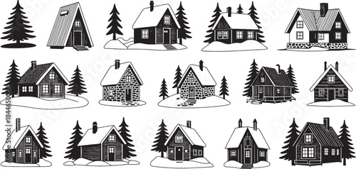 Collection of charming hand drawn winter cabin with snow covered roofs and pine trees on a white background