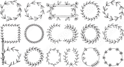 Collection of hand-drawn black line floral wreaths and a rectangular frame with flowers on white background Keywords: floral, wreath, frame, decorative, botanical, leaf, vine, circle, square