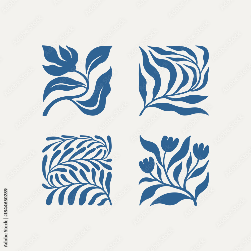 Obraz premium Hand Drawn Floral Botanical Elements Set, Minimalist Folk Art Leaves and Flowers Illustration, Scandinavian Style Nature Ornament Vector