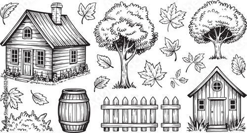 Hand drawn of a rustic village scene with a wooden house a barrel trees and a fence on a white background