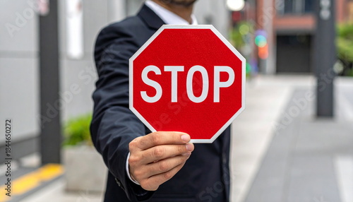 Businessman Holding a Red Stop Sign as a Gesture of Warning or Prohibition