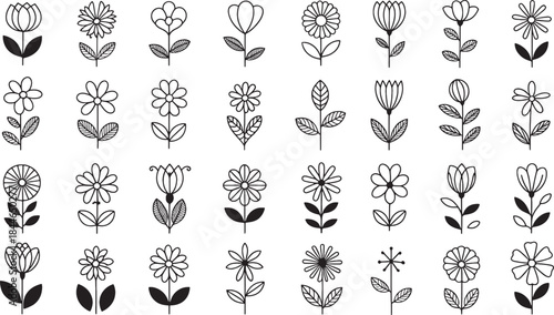 Set of simple black and white line representing various types of stylized flowers with stems and leaves for and purposes