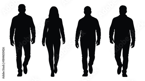 Four individuals walking forward displaying distinct body types in a stark silhouette