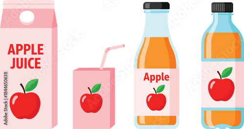 Apple juice packaging vector set with carton box bottle and drink pack, fresh fruit beverage illustrations collection