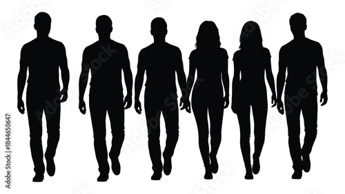 A group of six people walking together viewed as a striking black silhouette