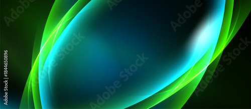Abstract background features flowing green curves, vibrant blue center. Smooth gradients create dynamic visual effect. Minimalist design.
