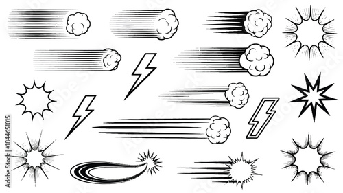 Comic book explosion effects and lightning bolts