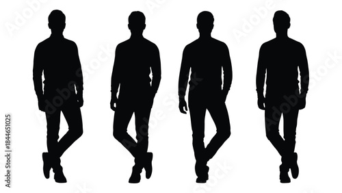 Four male figures standing in a row depicted as striking black shapes silhouette