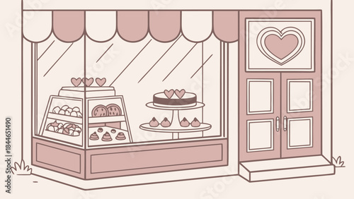  Cute Bakery Shop Front with Cakes – Pastel Line Art Patisserie Illustration