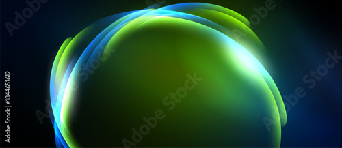 Abstract swirls, vibrant green hues dominate. Blue accents create luminous effect. Dark background emphasizes flowing shapes.