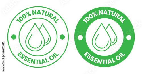 100% natural essential oil drop icon for beauty and skincare natural product certificate label. Essential oils sticker logo for body lotion, cream and shampoo moisturizer, spa wellness fragrance.