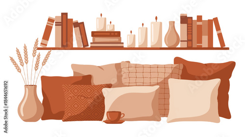 Cozy home interior with pillows and books