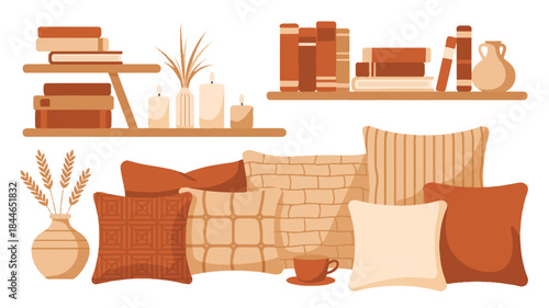 Cozy home decor elements with pillows and bookshelves