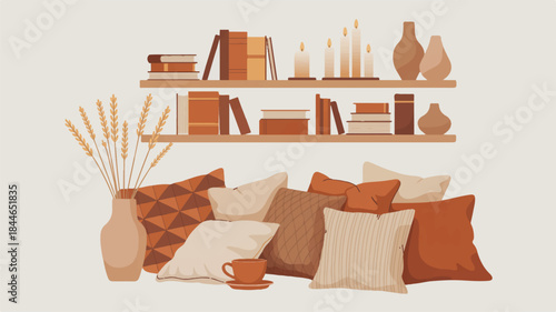 Cozy home interior with pillows and bookshelves