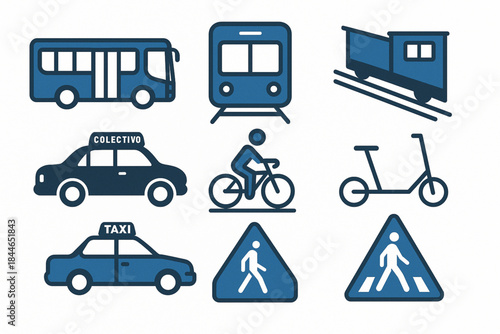 Chilean Urban Transportation Icon Grid Vector Illustration with Bus, Metro and City Vehicles