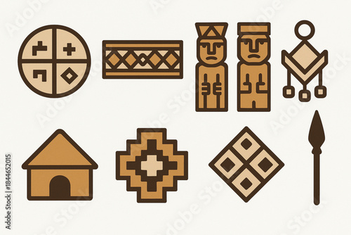 Mapuche Culture Icon Set Vector Illustration with Traditional Symbols and Geometric Motifs